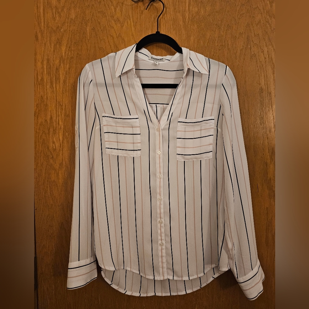Express small portofino button-up white with pink and black stripes